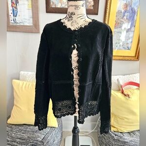 Vintage Black Crochet Trim Suede Leather Jacket Sz L